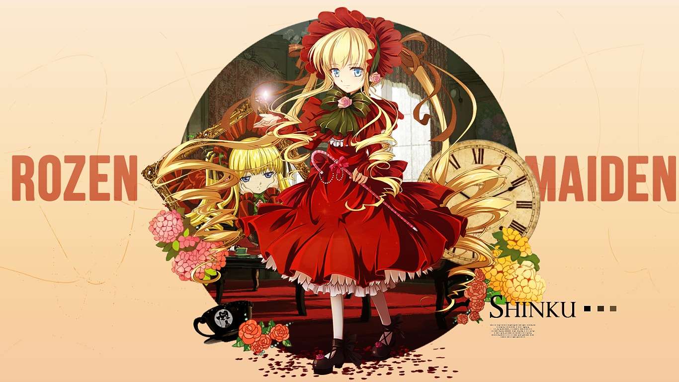 1girl blonde_hair blue_eyes bonnet bow bowtie copyright_name dress flower green_bow image long_hair long_sleeves looking_at_viewer red_dress rose shinku shoes solo standing twintails