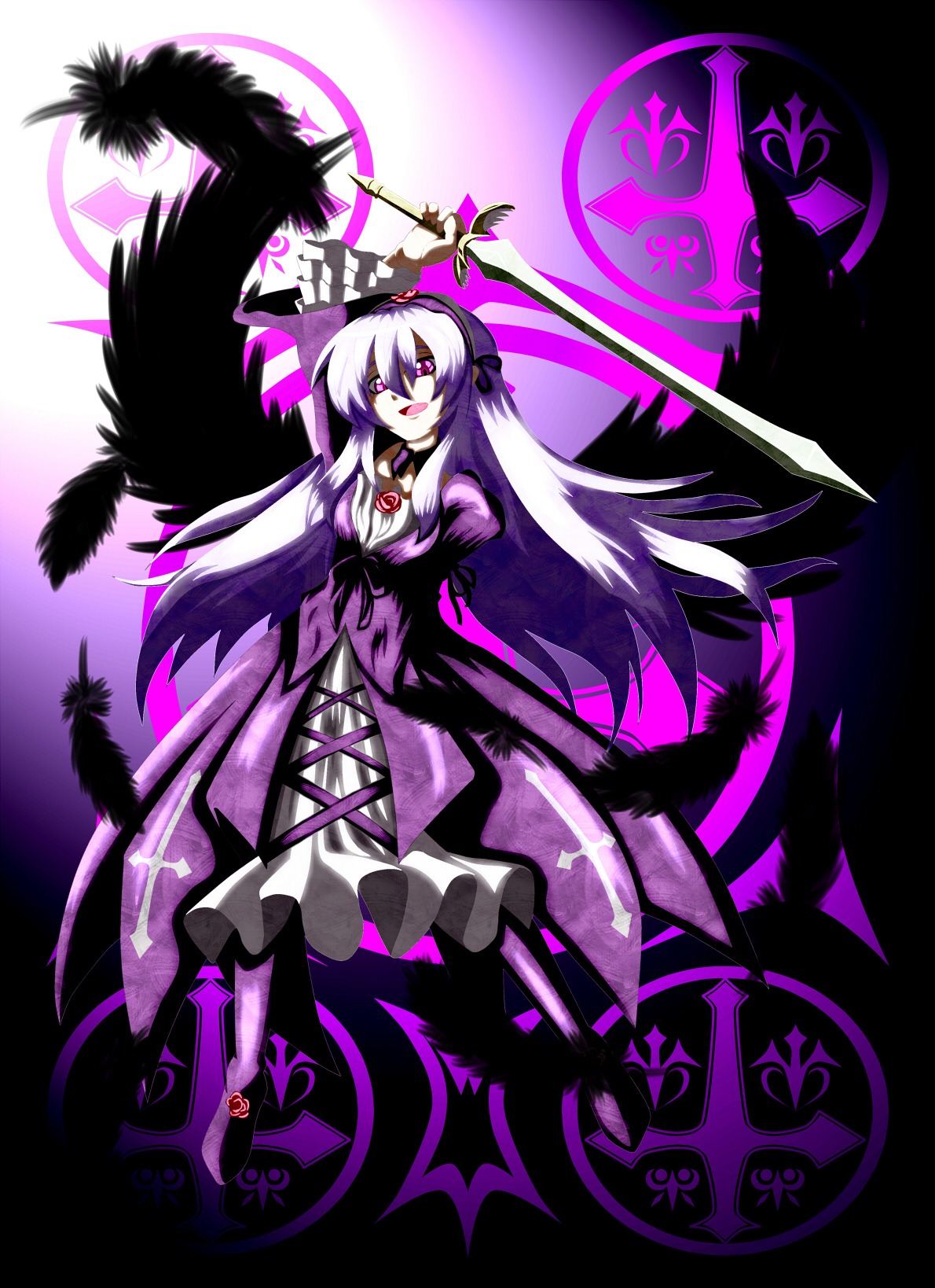 1girl black_wings dress feathers image long_hair pink_eyes purple_eyes solo suigintou weapon wings