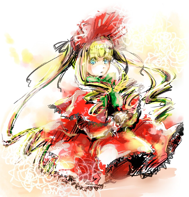 1girl blonde_hair blue_eyes bonnet bow dress drill_hair hair_ribbon hat image long_hair long_sleeves looking_at_viewer red_capelet red_dress shinku solo twin_drills twintails