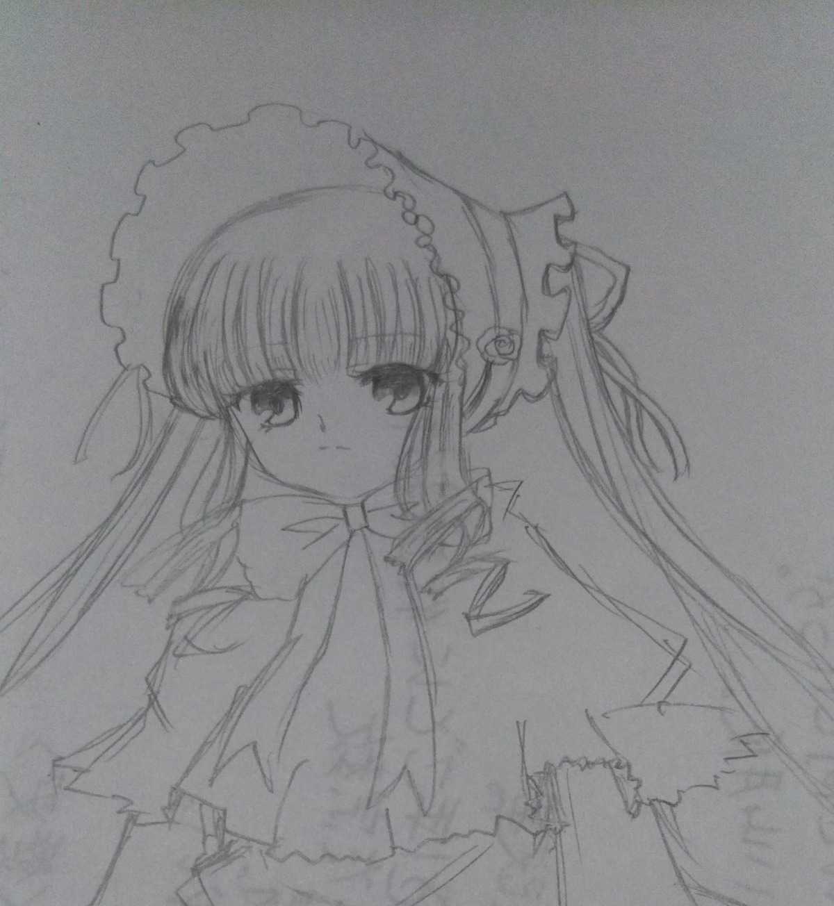 1girl bonnet bow bowtie dress drill_hair greyscale image long_hair long_sleeves looking_at_viewer monochrome shinku simple_background solo traditional_media twin_drills upper_body white_background