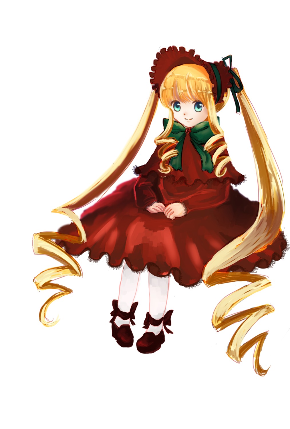 1girl blonde_hair blue_eyes bonnet bow bowtie dress drill_hair full_body image long_hair long_sleeves looking_at_viewer shinku shoes simple_background sitting smile solo standing twin_drills twintails very_long_hair white_background white_legwear