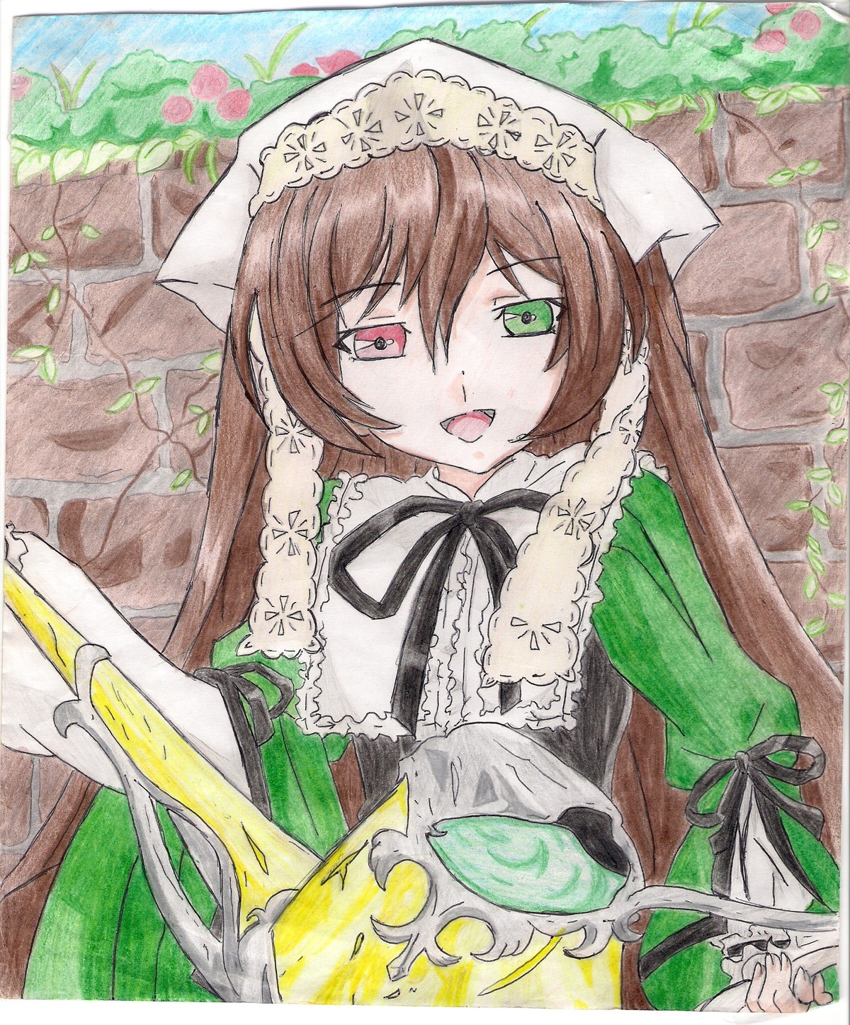 1girl bangs black_ribbon brown_hair dress flower green_dress green_eyes heterochromia image long_hair long_sleeves looking_at_viewer open_mouth ribbon smile solo suiseiseki traditional_media very_long_hair watercolor_(medium) watering_can