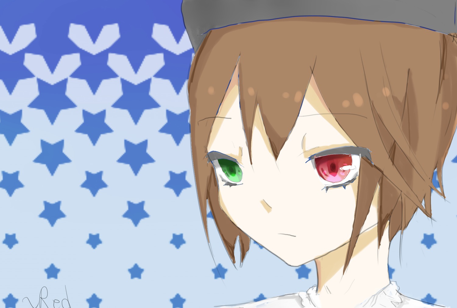 bangs black_headwear brown_hair closed_mouth green_eyes hat heterochromia image looking_at_viewer red_eyes short_hair solo souseiseki star_(symbol) star_necklace star_print starfish starry_background