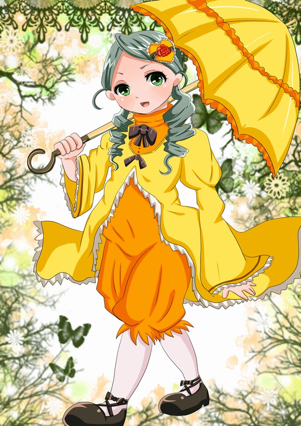 1girl auto_tagged blush dress drill_hair flower green_eyes holding_umbrella image kanaria long_hair long_sleeves mary_janes open_mouth pantyhose parasol shoes smile solo standing twin_drills umbrella