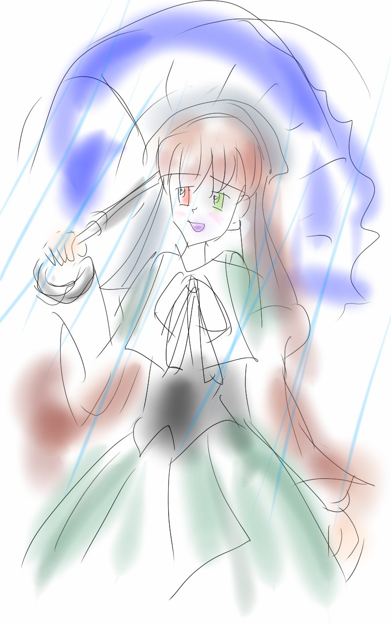 1girl :d dress green_eyes holding holding_umbrella image long_hair long_sleeves open_mouth rain simple_background smile solo suiseiseki umbrella white_background