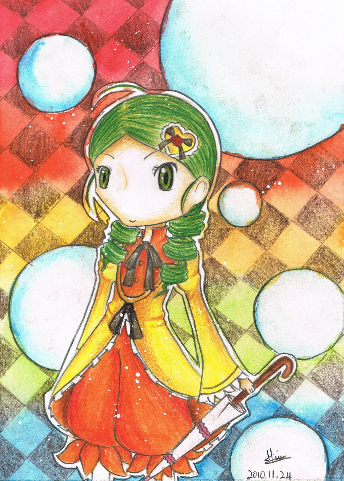 1girl argyle argyle_background argyle_legwear balloon board_game checkerboard_cookie checkered checkered_background checkered_floor checkered_kimono checkered_scarf checkered_shirt checkered_skirt chess_piece cookie drill_hair flag gohei green_eyes green_hair hair_ornament hairclip image kanaria marker_(medium) on_floor perspective plaid_background race_queen ringlets solo tile_floor tile_wall tiles traditional_media twin_drills vanishing_point