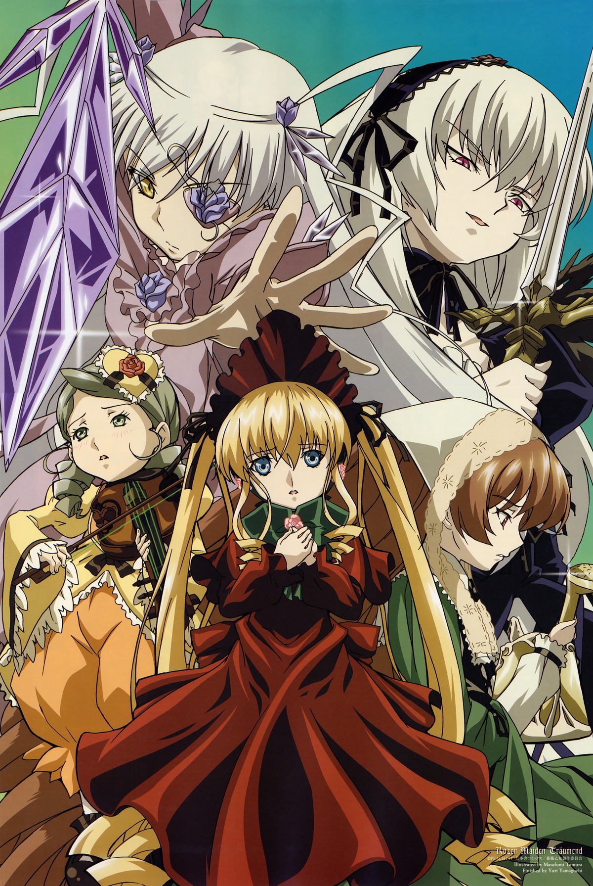 5girls barasuishou blonde_hair blue_eyes bonnet bow brown_hair crystal dress drill_hair flower_eyepatch glint green_dress green_neckwear hairband hands_on_own_chest hat head_scarf highres holding holding_sword holding_weapon image instrument kanaria lolita_hairband long_hair long_sleeves looking_at_viewer multiple multiple_girls music parted_lips playing_instrument purple_dress red_dress red_eyes rose rozen_maiden serious shinku silver_hair suigintou suiseiseki sword tagme tamura_masafumi twintails very_long_hair violin weapon wings yellow_dress yellow_eyes