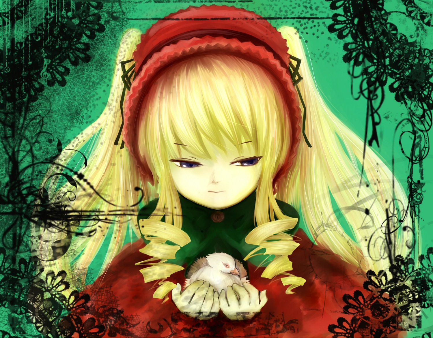 1girl auto_tagged blonde_hair blue_eyes drill_hair flower image long_hair looking_at_viewer rose shinku solo twin_drills