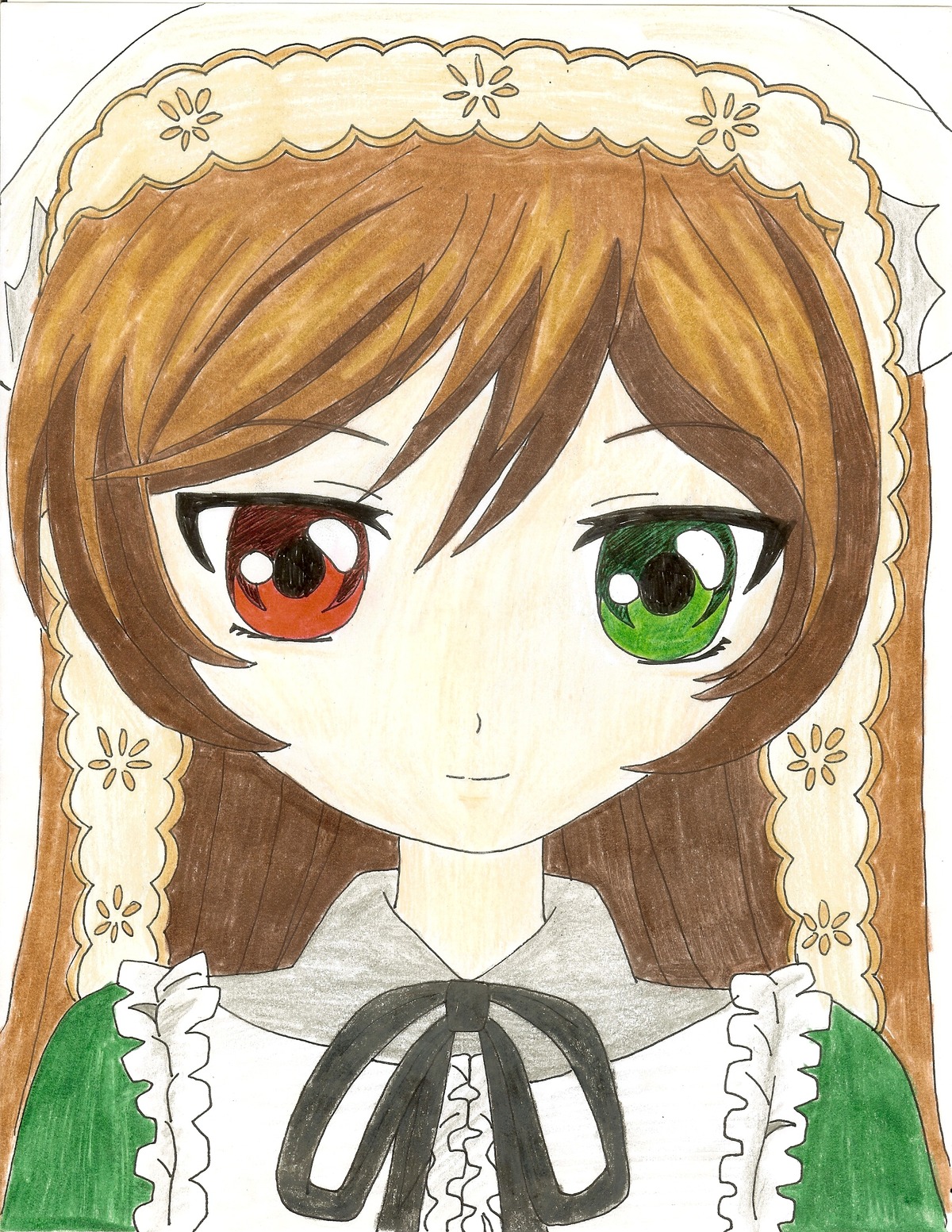 1girl bangs blush brown_hair closed_mouth dress frills green_dress green_eyes image long_hair looking_at_viewer neck_ribbon portrait red_eyes ribbon smile solo suiseiseki traditional_media