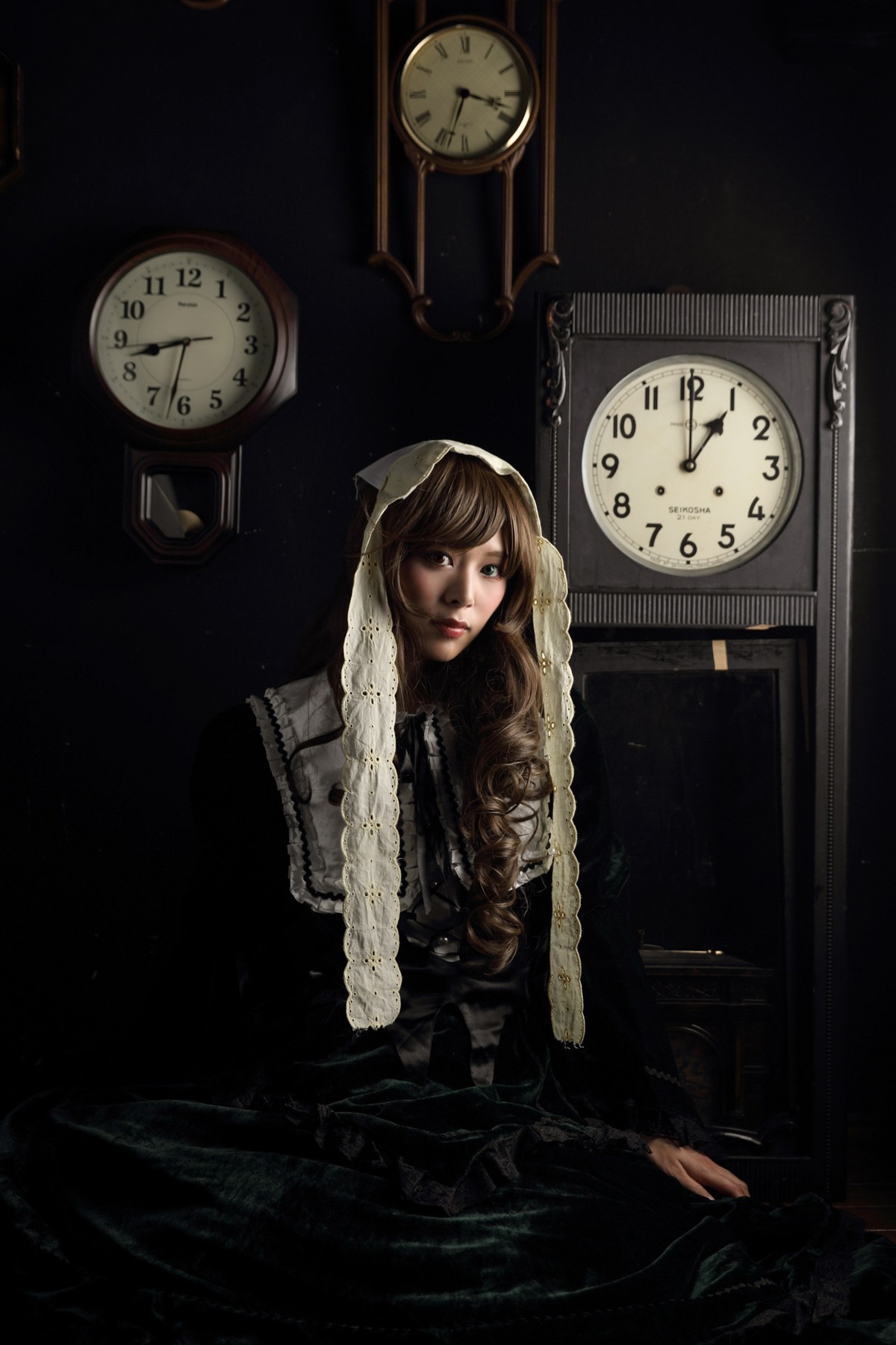 1girl analog_clock brown_hair clock dark gears gothic lips looking_at_viewer nun pocket_watch solo suiseiseki