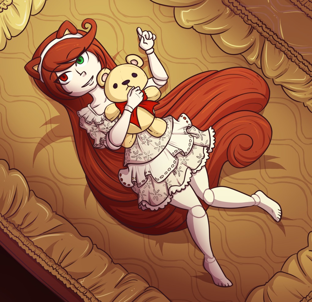 1girl barefoot doll_joints dress green_eyes hairband heterochromia image long_hair red_eyes red_hair solo stuffed_animal suiseiseki teddy_bear very_long_hair