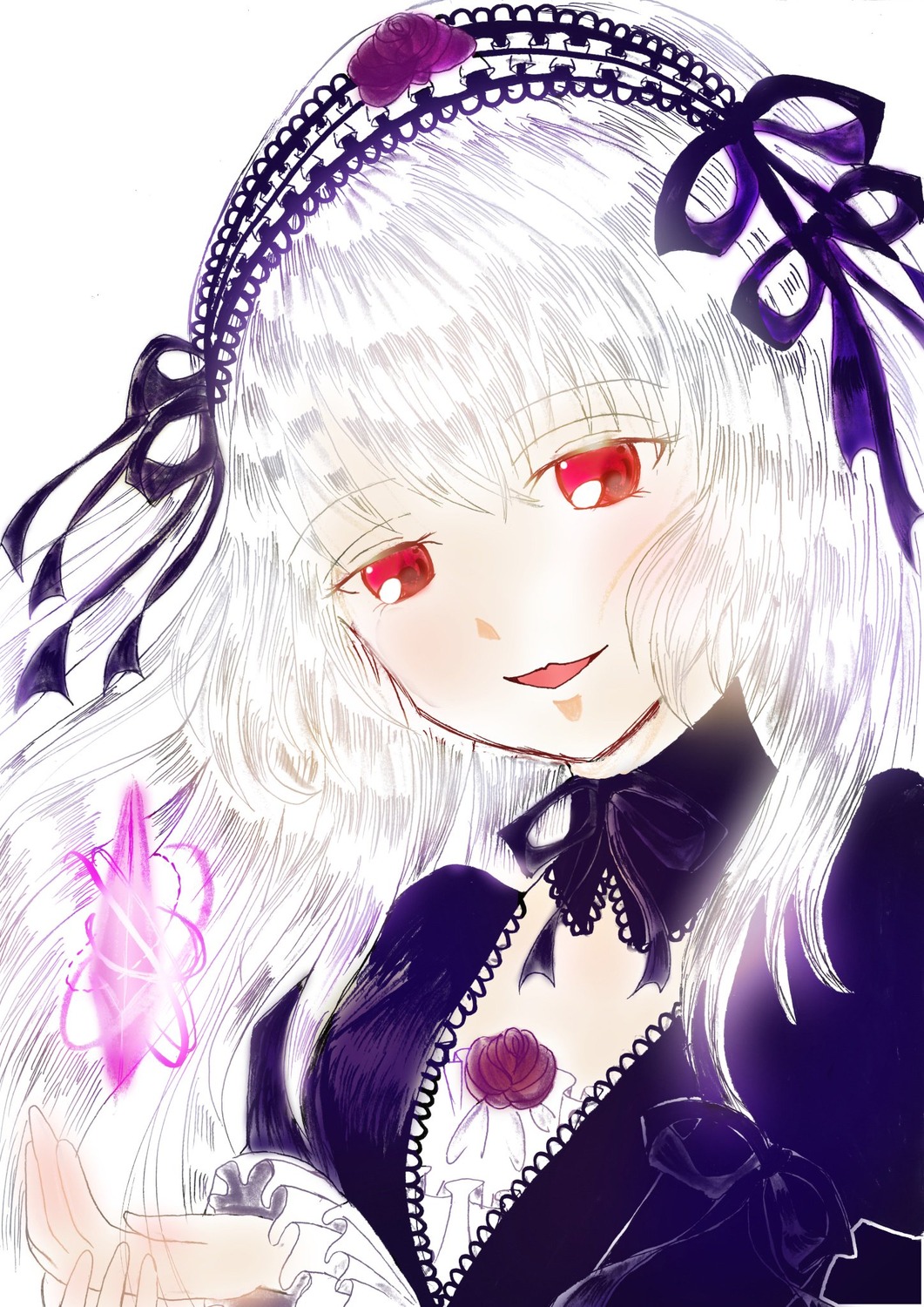 1girl bangs black_ribbon blush dress eyebrows_visible_through_hair flower frills hairband image long_hair long_sleeves looking_at_viewer puffy_sleeves red_eyes ribbon rose smile solo suigintou white_background