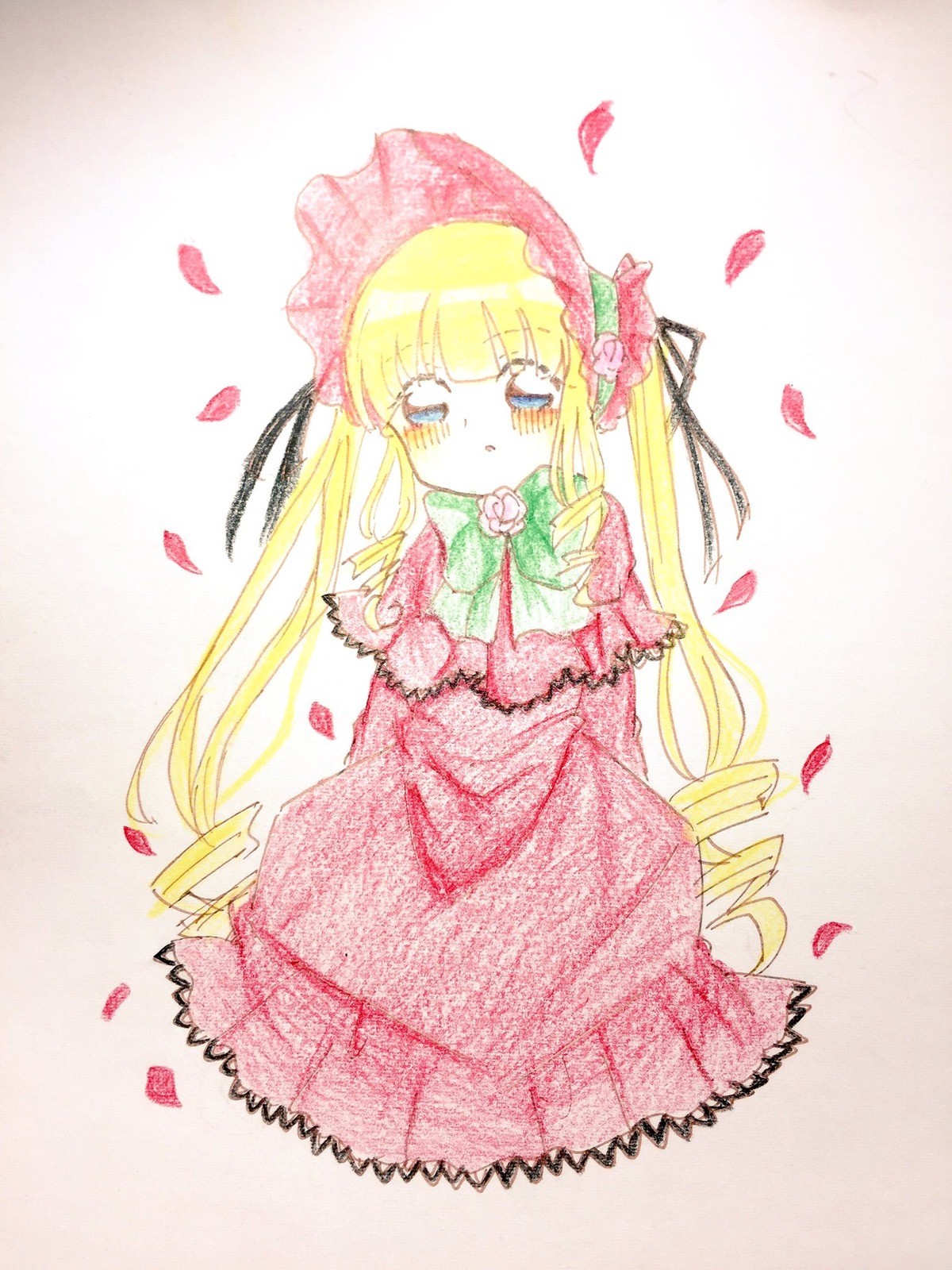 1girl bangs blonde_hair blue_eyes blush bonnet bow bowtie dress flower image long_hair long_sleeves looking_at_viewer petals pink_dress pink_flower pink_rose rose rose_petals shinku solo twintails very_long_hair