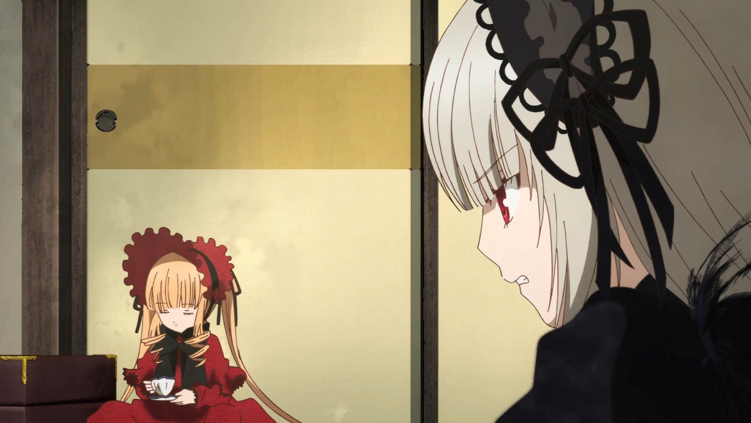 2girls blonde_hair bonnet dress gothic_lolita hairband image lolita_fashion lolita_hairband long_hair looking_at_another multiple_girls pair red_eyes ribbon shinku silver_hair suigintou twintails