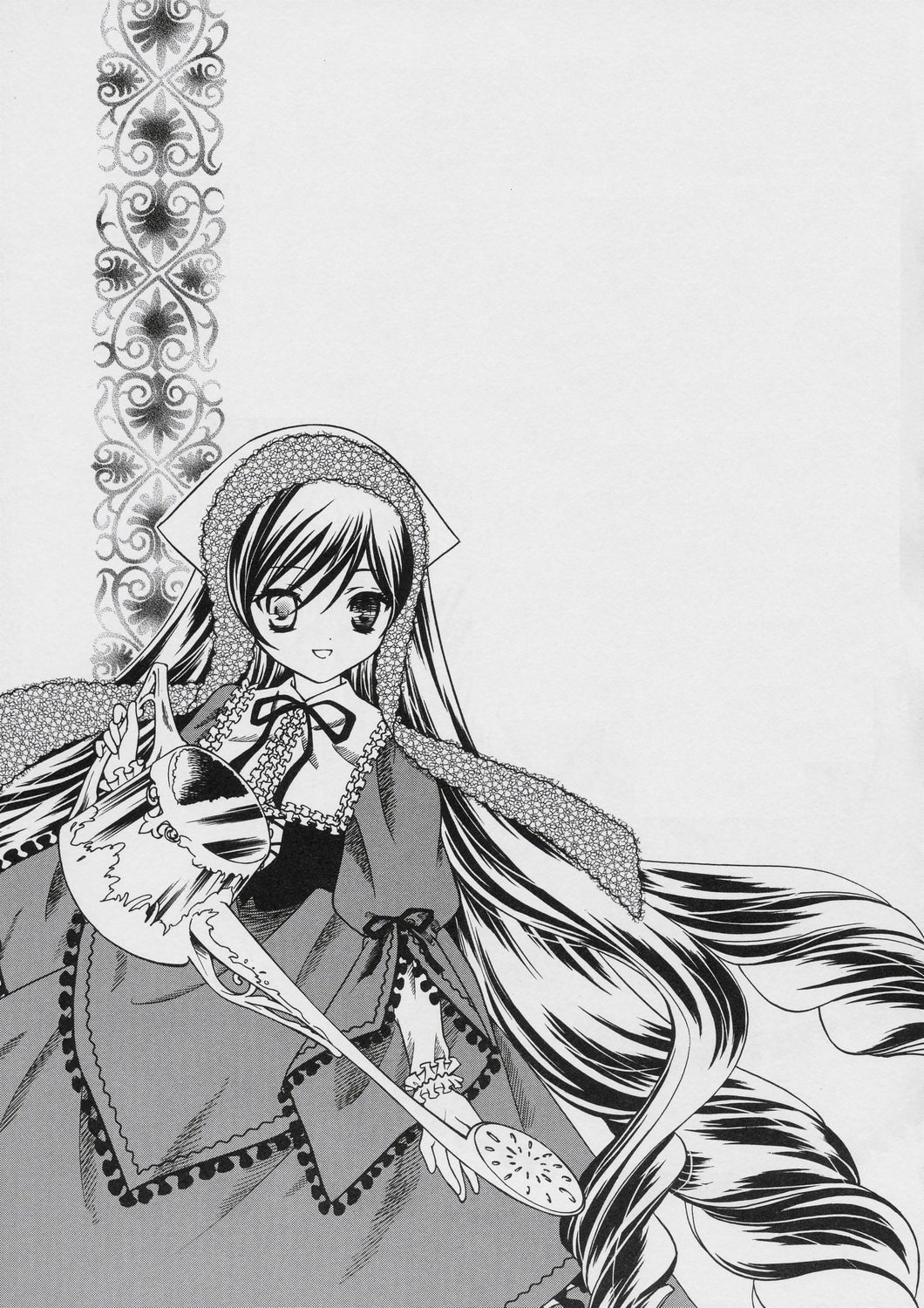 1girl dress drill_hair frills greyscale head_scarf image long_hair long_sleeves looking_at_viewer monochrome smile solo suiseiseki very_long_hair