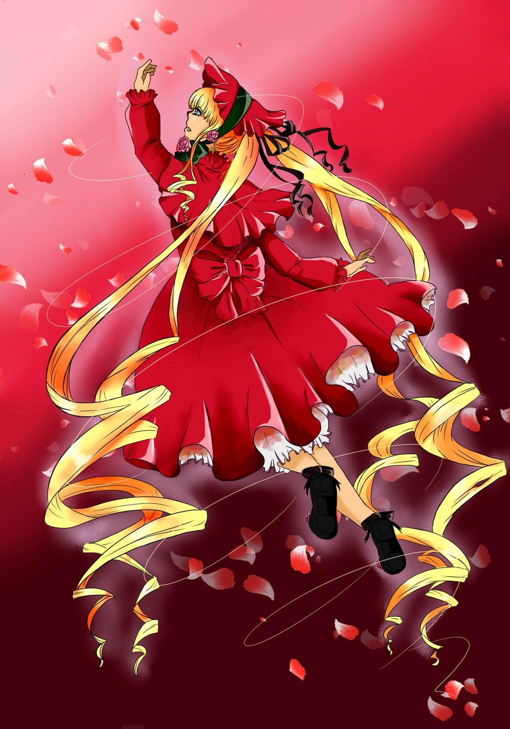 1girl auto_tagged black_footwear blonde_hair bonnet bow dress drill_hair full_body image long_hair long_sleeves looking_back petals red_dress rose_petals shinku shoes solo twintails very_long_hair