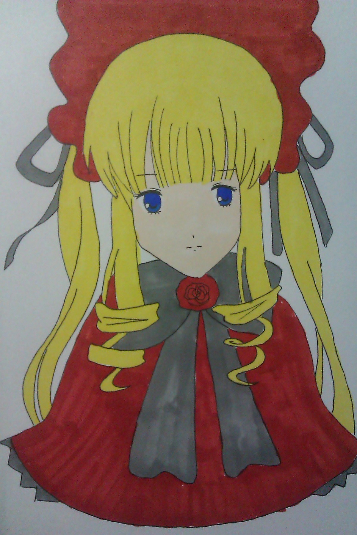 1girl bangs blonde_hair blue_eyes bonnet bow bowtie capelet dress drill_hair expressionless flower green_bow image long_hair looking_at_viewer red_dress rose shinku sidelocks simple_background solo twintails upper_body