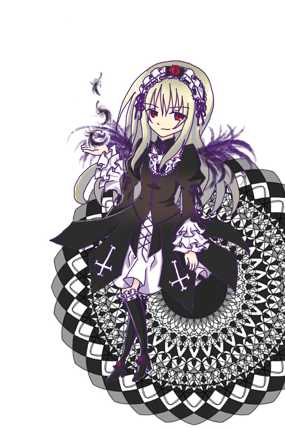1girl black_dress boots cross-laced_clothes dress frilled_sleeves frills full_body hairband image lolita_fashion lolita_hairband long_hair long_sleeves looking_at_viewer puffy_sleeves red_eyes ribbon simple_background solo standing suigintou white_background wings
