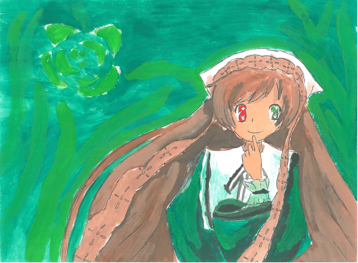 1girl auto_tagged bangs brown_hair dress finger_to_mouth frills green_dress heterochromia image long_hair long_sleeves looking_at_viewer red_eyes smile solo suiseiseki very_long_hair