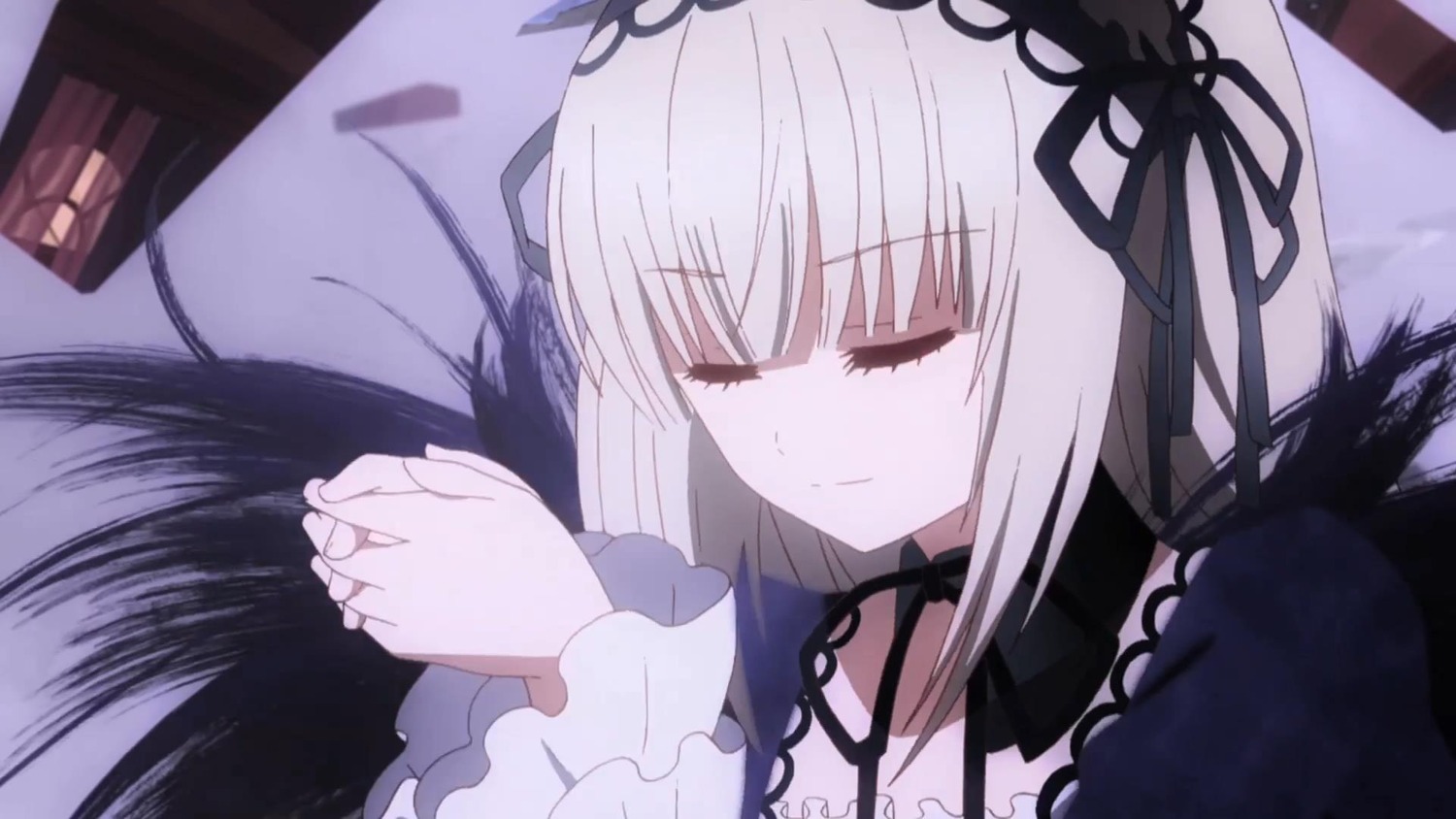 1girl bangs black_ribbon black_wings closed_eyes closed_mouth detached_collar dress frilled_sleeves frills hairband image interlocked_fingers long_hair long_sleeves ribbon silver_hair sleeping solo suigintou wings