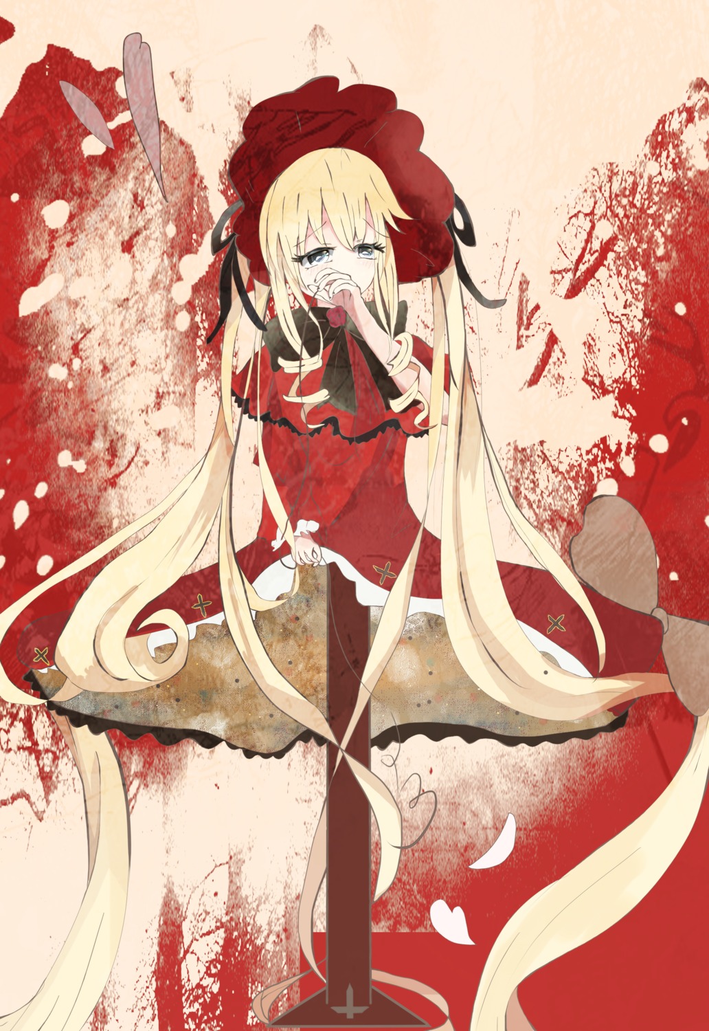 1girl blonde_hair blood blood_splatter bloody_weapon blue_eyes dress image long_hair red_dress shinku solo tears twintails very_long_hair