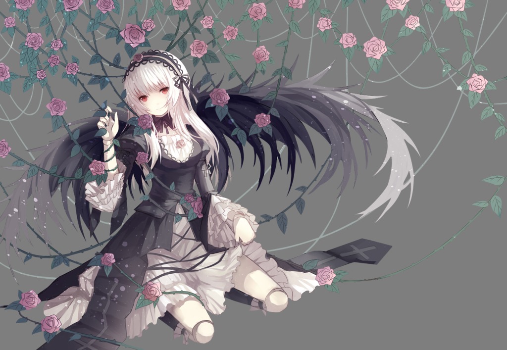 1girl breasts dress flower gothic_lolita hairband image joints lolita_fashion long_hair long_sleeves looking_at_viewer pink_flower pink_rose plant purple_flower purple_rose red_eyes rose solo suigintou thorns very_long_hair vines wings