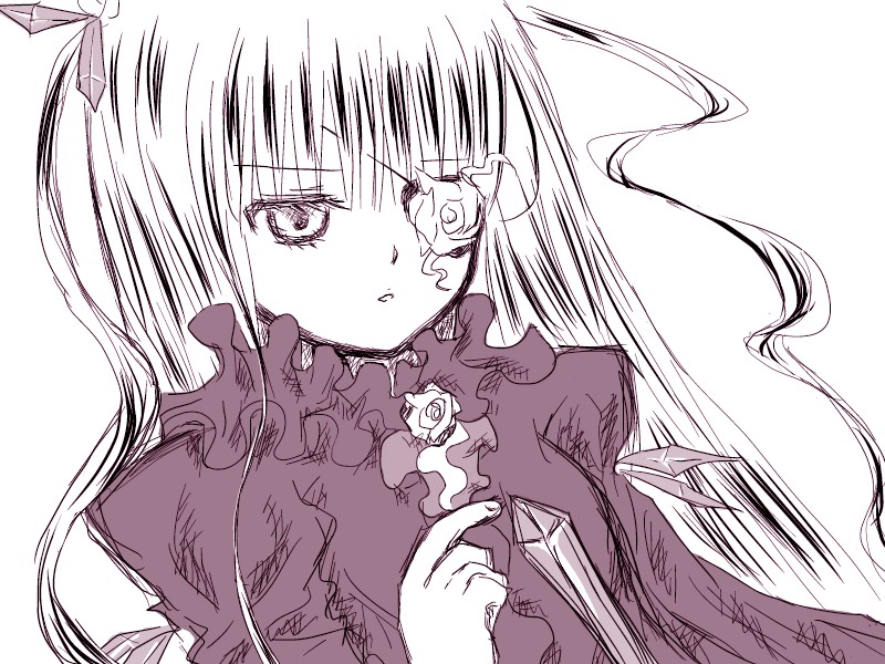 1girl bangs barasuishou dress flower image long_hair long_sleeves looking_at_viewer monochrome parted_lips rose simple_background solo upper_body white_background