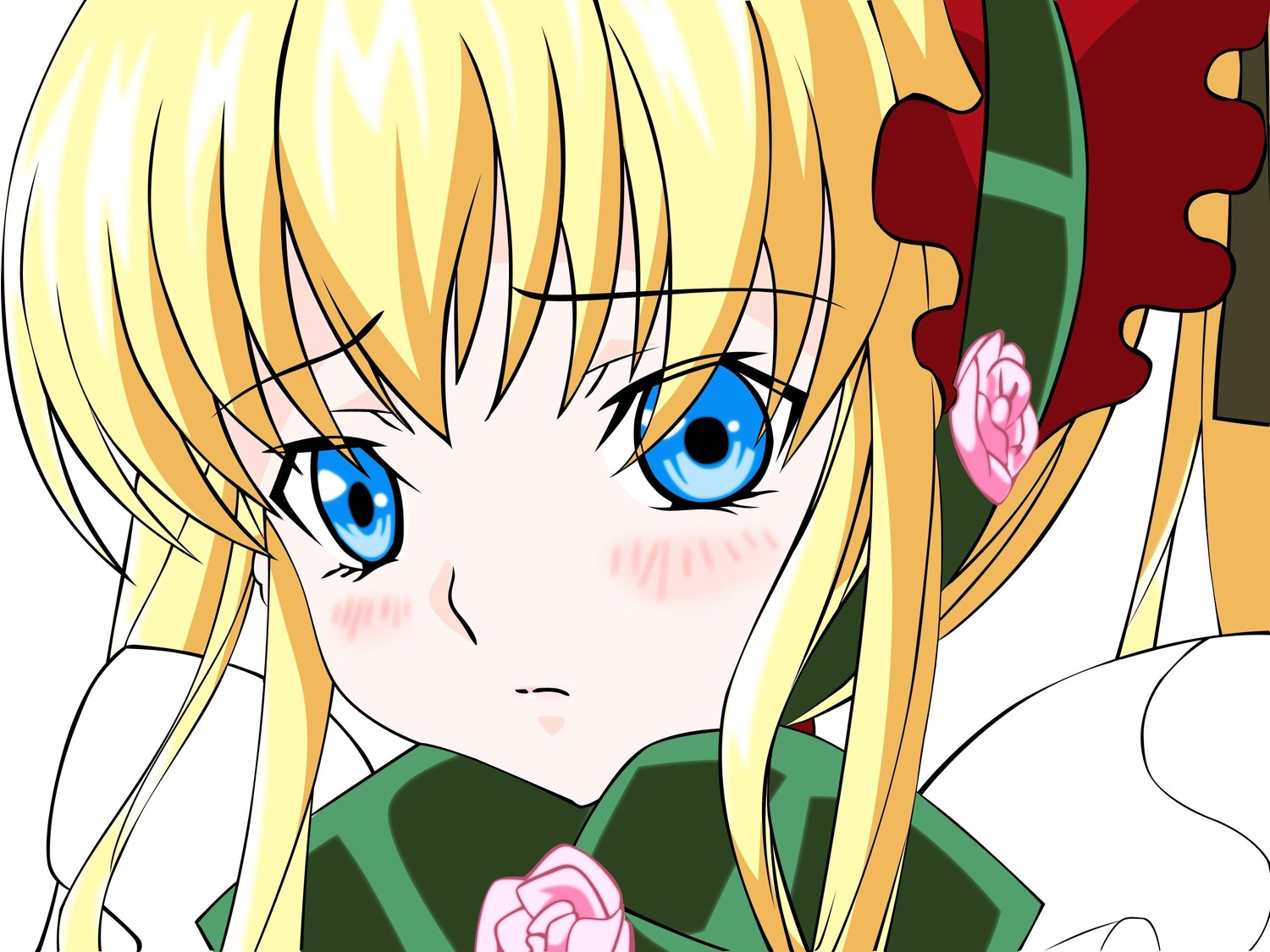 1girl auto_tagged blonde_hair blue_eyes blush bow face flower image long_hair looking_at_viewer parody pink_flower pink_rose rose shinku sidelocks simple_background solo white_background