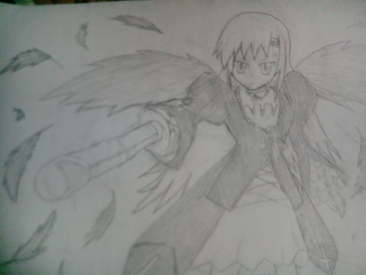 1girl akemi_homura akuma_homura blurry dress feathered_wings gloves greyscale hair_ornament hairclip image kaname_madoka long_hair looking_at_viewer magical_girl monochrome multiple_girls sakura_kyouko solo suigintou traditional_media ultimate_madoka wings