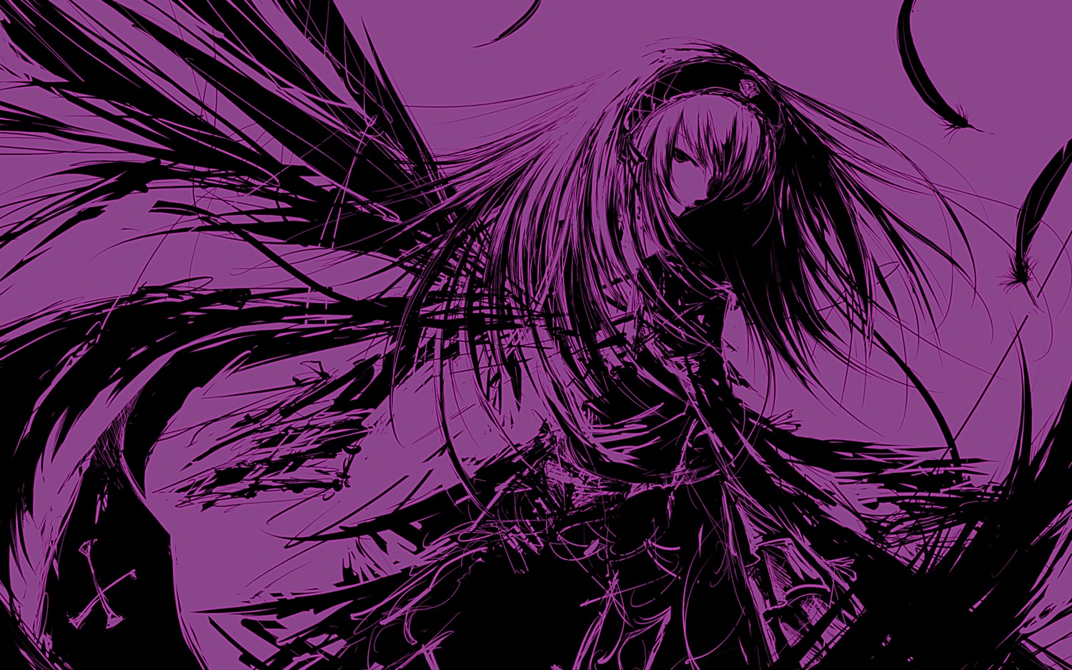 1girl closed_eyes dress hairband holding image long_hair monochrome purple_background purple_theme solo suigintou