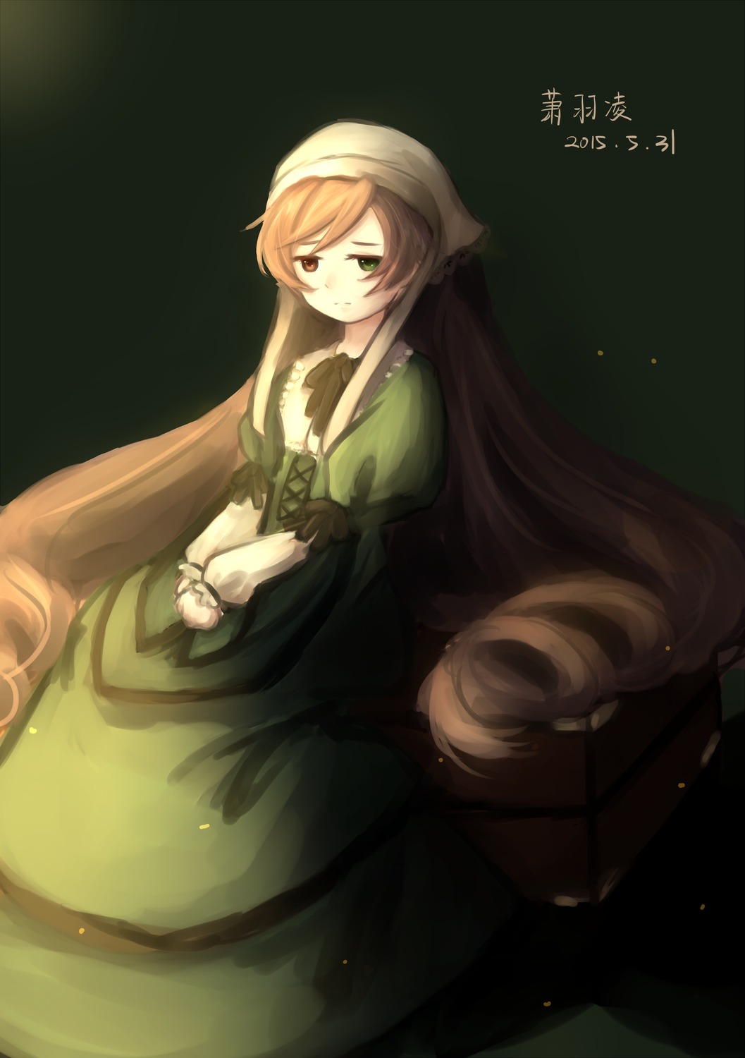 1girl brown_hair dress green_dress green_eyes heterochromia image long_hair long_sleeves looking_at_viewer solo suiseiseki v_arms very_long_hair