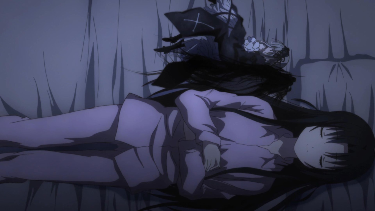 1girl auto_tagged bed black_hair closed_eyes image long_hair lying shirt sleeping smile solo suigintou
