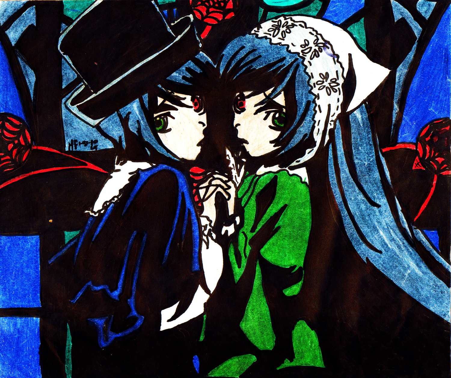 2girls auto_tagged blue_hair green_eyes hat holding_hands image long_hair looking_at_viewer multiple_girls pair red_eyes souseiseki suiseiseki twintails