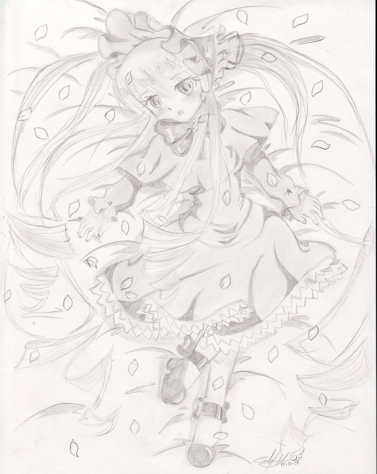 1girl capelet cherry_blossoms crescent dress flower greyscale hat image long_hair long_sleeves looking_at_viewer monochrome patchouli_knowledge petals rose_petals shinku solo traditional_media very_long_hair