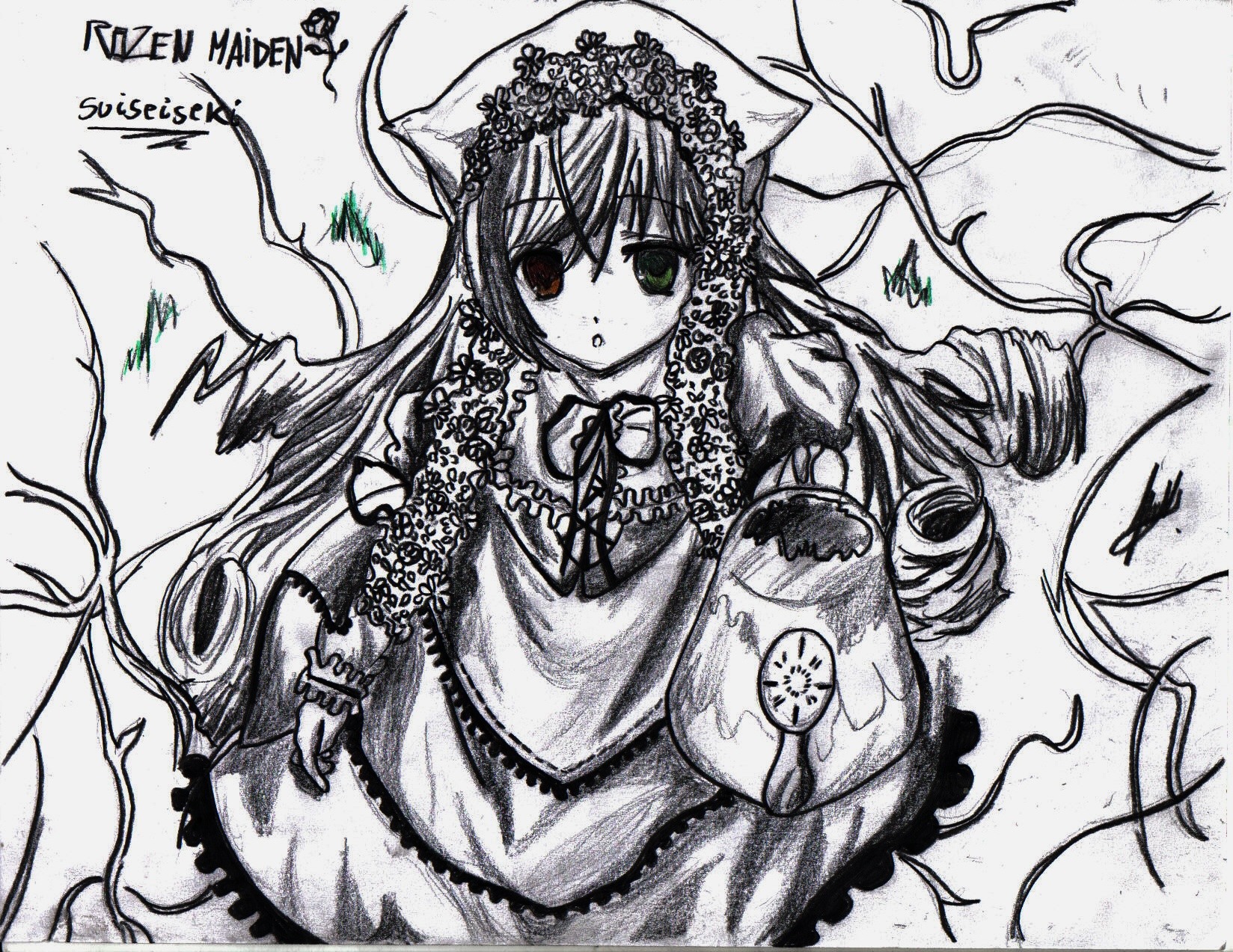 1girl animal_ears cat_ears dress drill_hair frills green_eyes heterochromia image long_hair long_sleeves looking_at_viewer monochrome red_eyes ribbon solo spot_color suiseiseki traditional_media very_long_hair