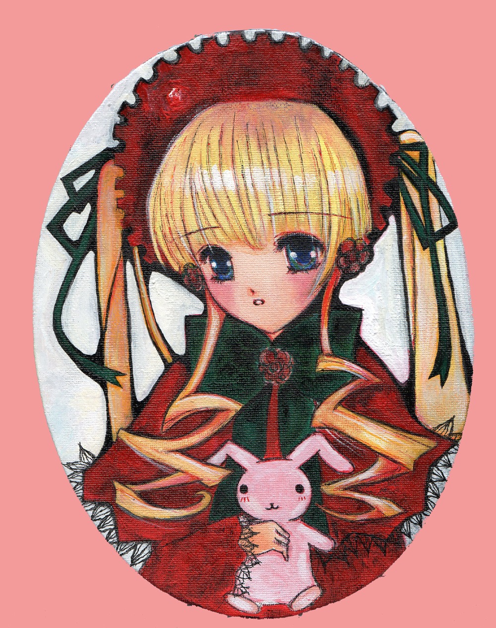 1girl :o auto_tagged bangs blonde_hair blue_eyes blush bonnet bow bowtie dress drill_hair hat image long_hair long_sleeves looking_at_viewer red_dress shinku simple_background solo stuffed_animal traditional_media twin_drills twintails upper_body