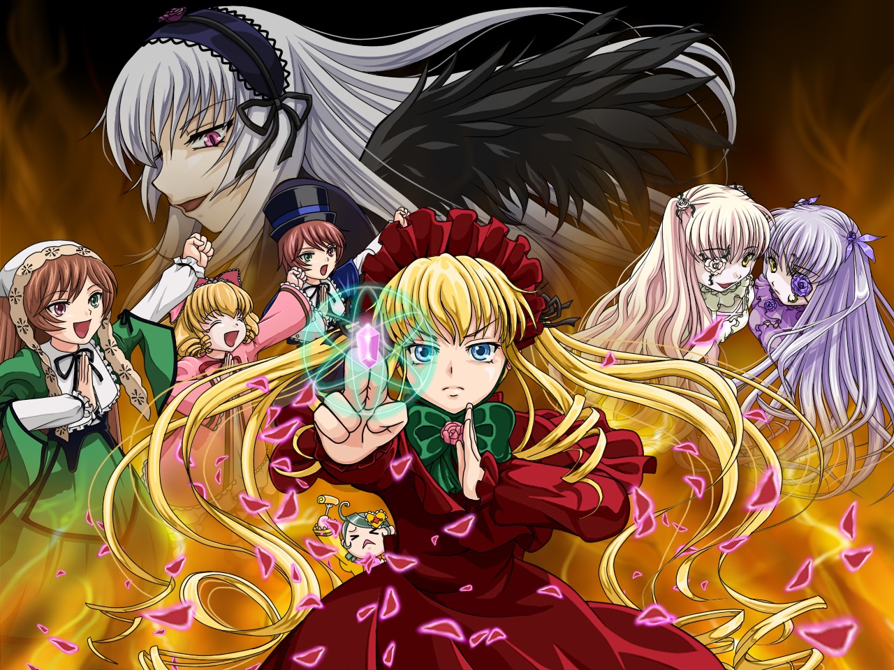 6+girls black_wings blonde_hair blue_eyes bow brown_hair closed_eyes dress frills green_neckwear hairband hat hina_ichigo image long_hair long_sleeves looking_at_viewer multiple multiple_girls open_mouth petals pink_bow red_dress ribbon shinku siblings silver_hair sisters suigintou suiseiseki tagme twins twintails very_long_hair wings yellow_eyes