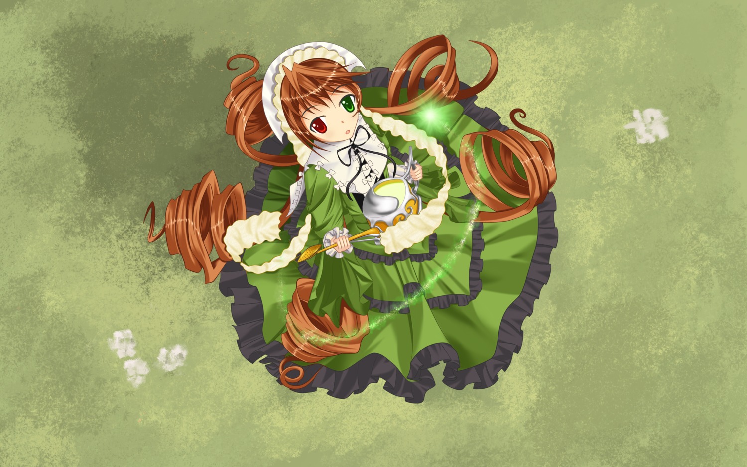 1girl brown_hair dress drill_hair flower frills green_background green_dress green_eyes heterochromia image long_hair long_sleeves looking_at_viewer red_eyes solo suiseiseki twintails very_long_hair watering_can