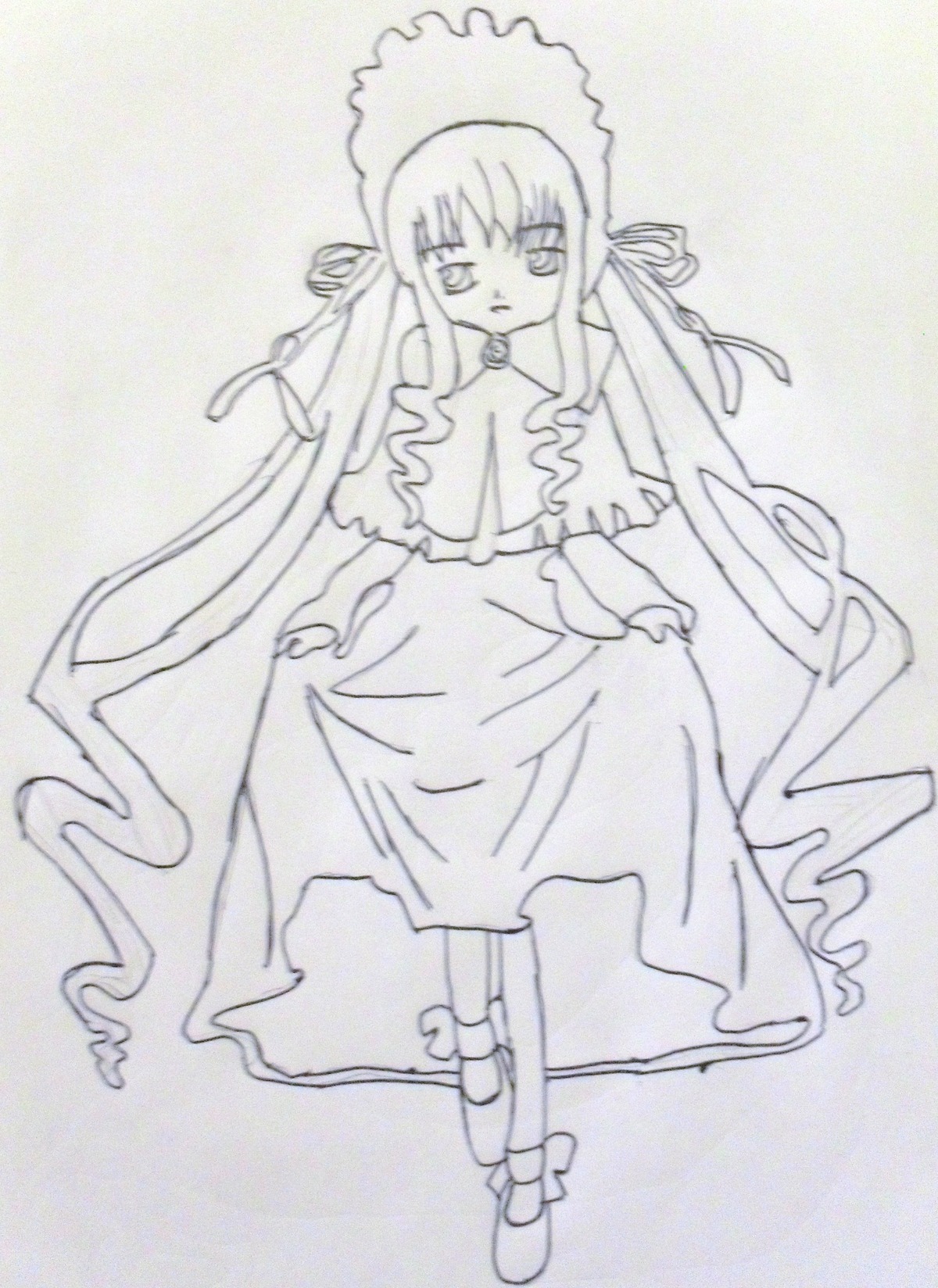 1girl bonnet dress expressionless full_body image long_hair long_sleeves looking_at_viewer monochrome shinku solo standing very_long_hair