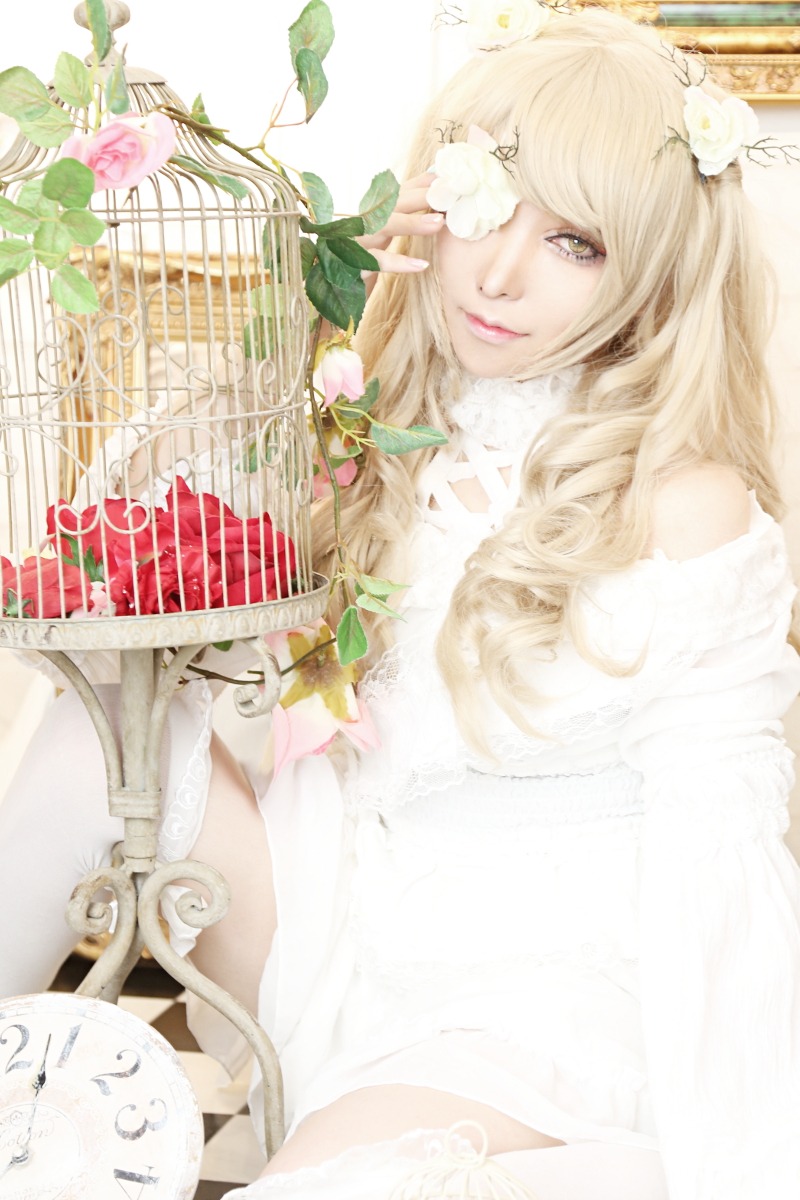 1girl bare_shoulders birdcage blonde_hair cage flower hair_ornament kirakishou lips long_hair solo