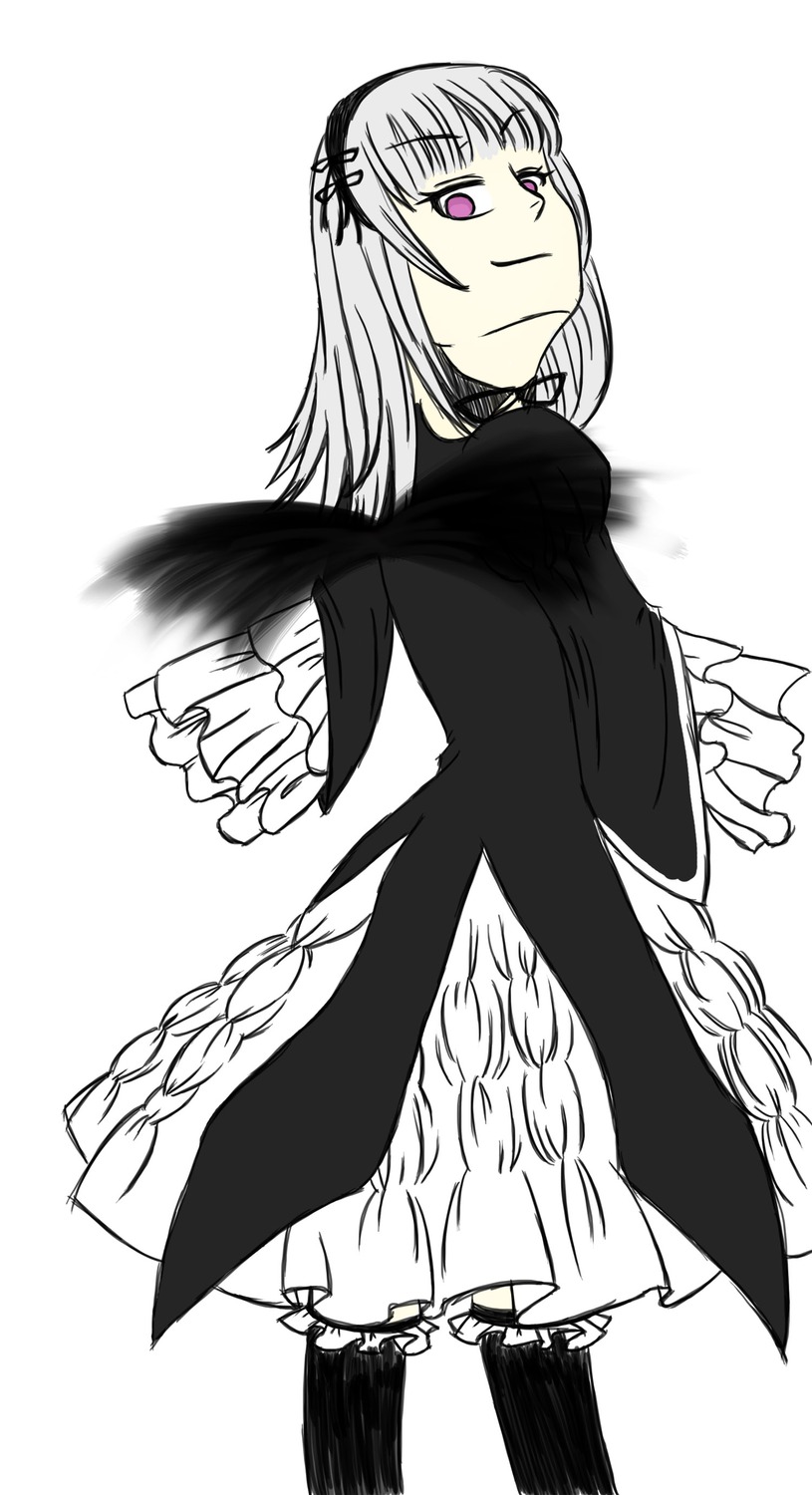 1girl braid closed_mouth cowboy_shot dress frilled_sleeves frills greyscale hairband image long_hair long_sleeves looking_at_viewer looking_back monochrome smile solo standing suigintou white_background wings