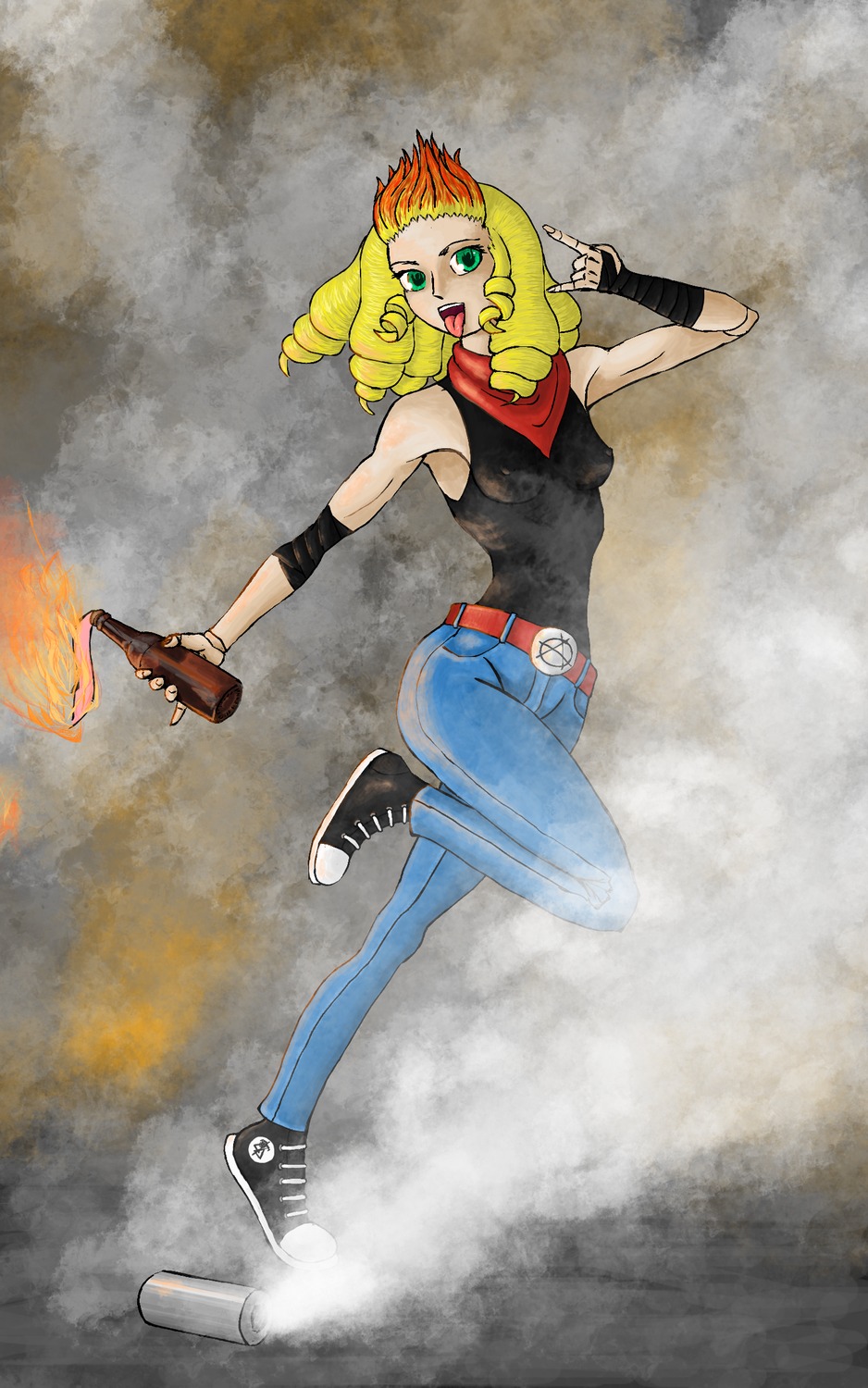 1girl blonde_hair denim drill_hair fire gloves green_eyes hinaichigo image jeans pants ringlets shoes smoke solo