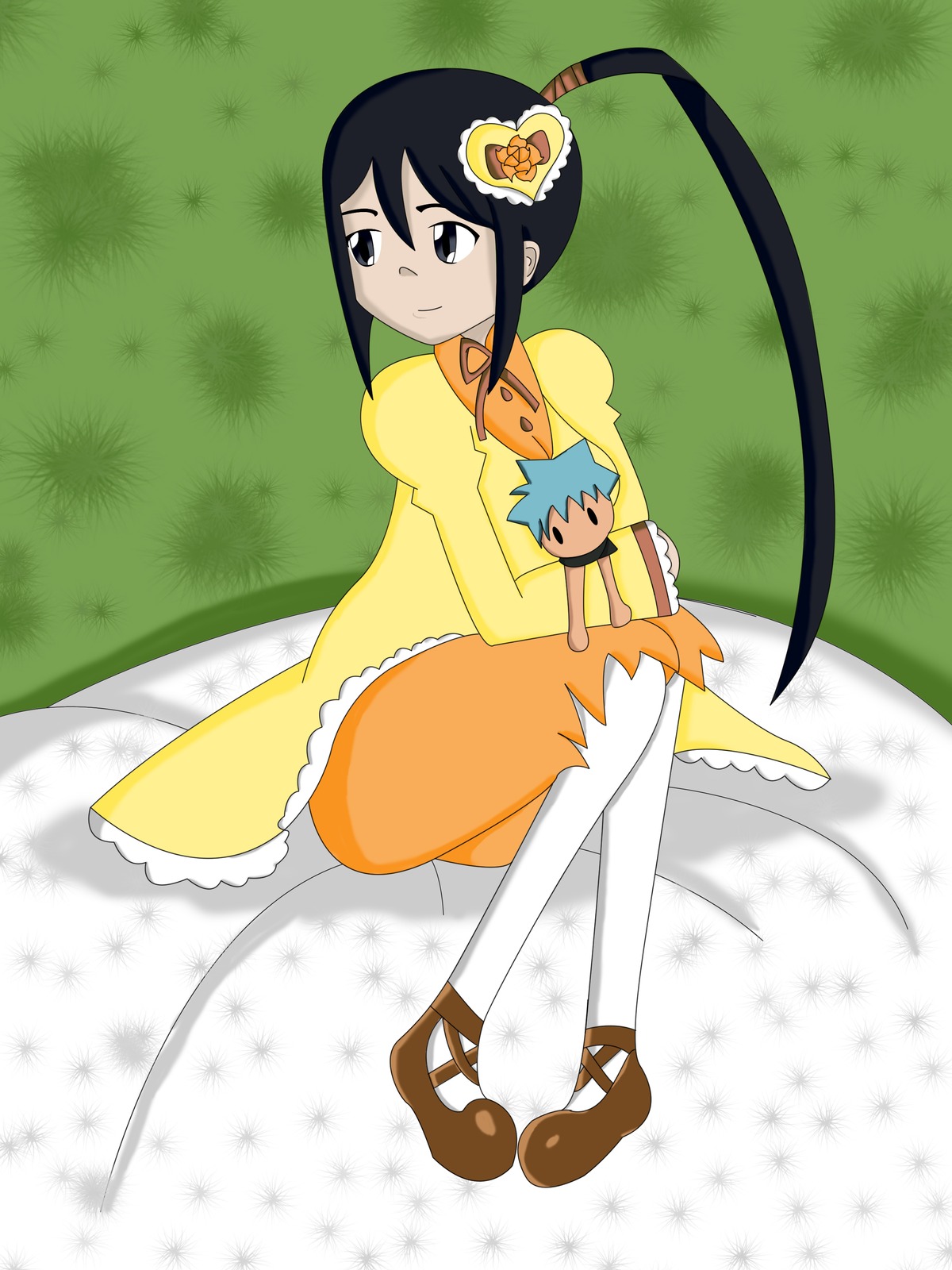 1girl black_eyes black_hair dress flower full_body hair_ornament image kanaria pantyhose pokemon_(creature) shoes sidelocks sitting smile solo white_legwear yellow_dress