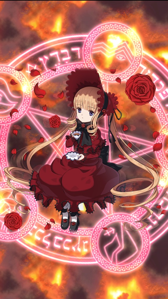 1girl blonde_hair blue_eyes bonnet bow dress flower image long_hair magic_circle petals red_capelet red_dress red_flower red_rose rose shinku shoes solo twintails very_long_hair