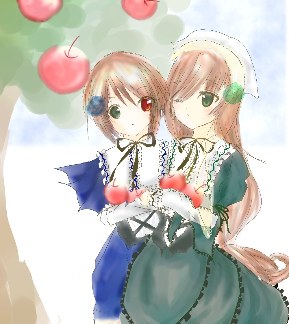 2girls apple brown_hair cherry dress flower food fruit green_dress green_eyes head_scarf heterochromia image long_hair long_sleeves looking_at_viewer multiple_girls pair red_eyes short_hair siblings sisters souseiseki strawberry suiseiseki twins very_long_hair