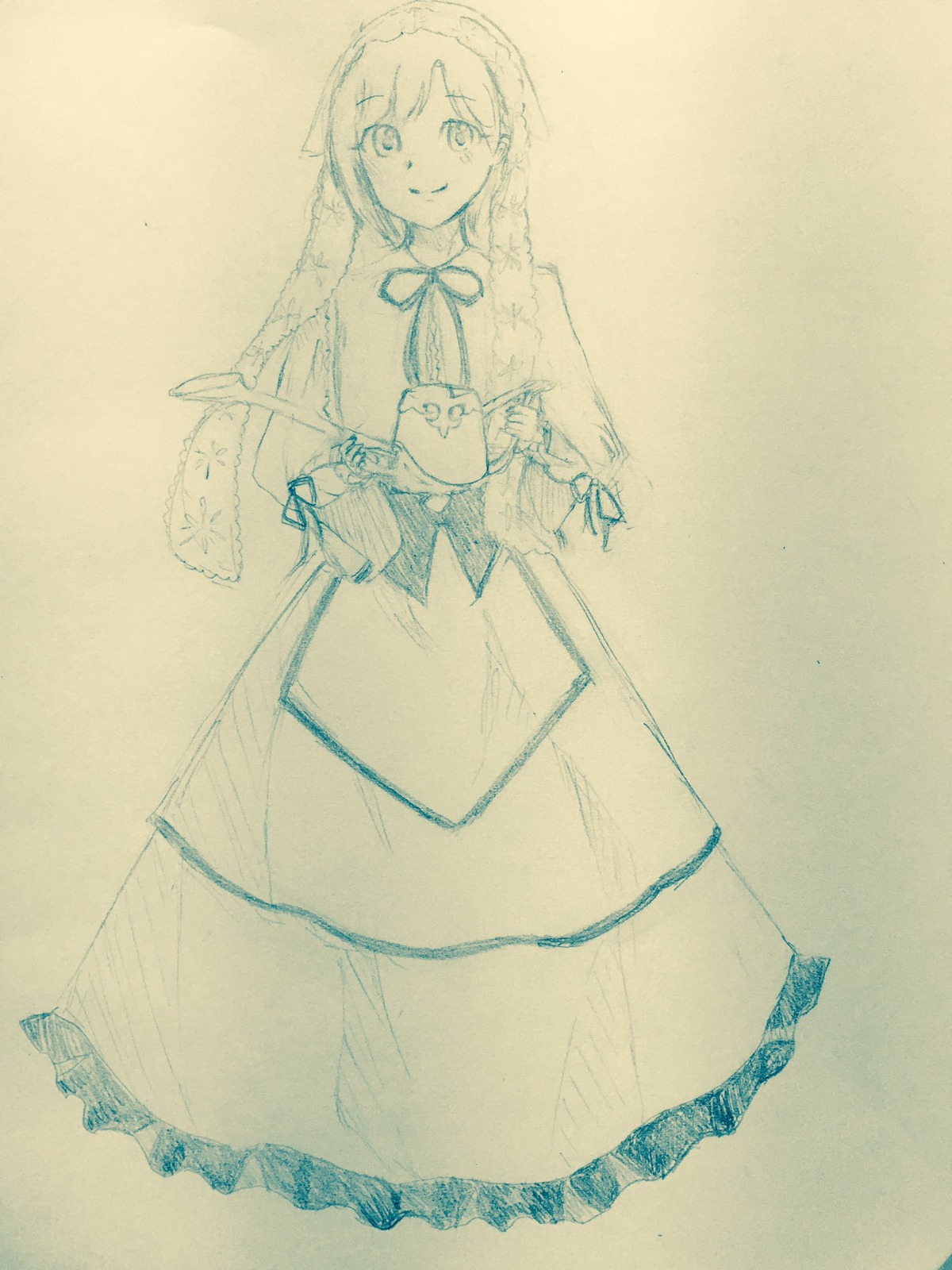 1girl braid capelet closed_mouth dress eyebrows_visible_through_hair full_body holding image long_hair long_sleeves looking_at_viewer monochrome patchouli_knowledge ribbon sketch smile solo suiseiseki traditional_media twin_braids