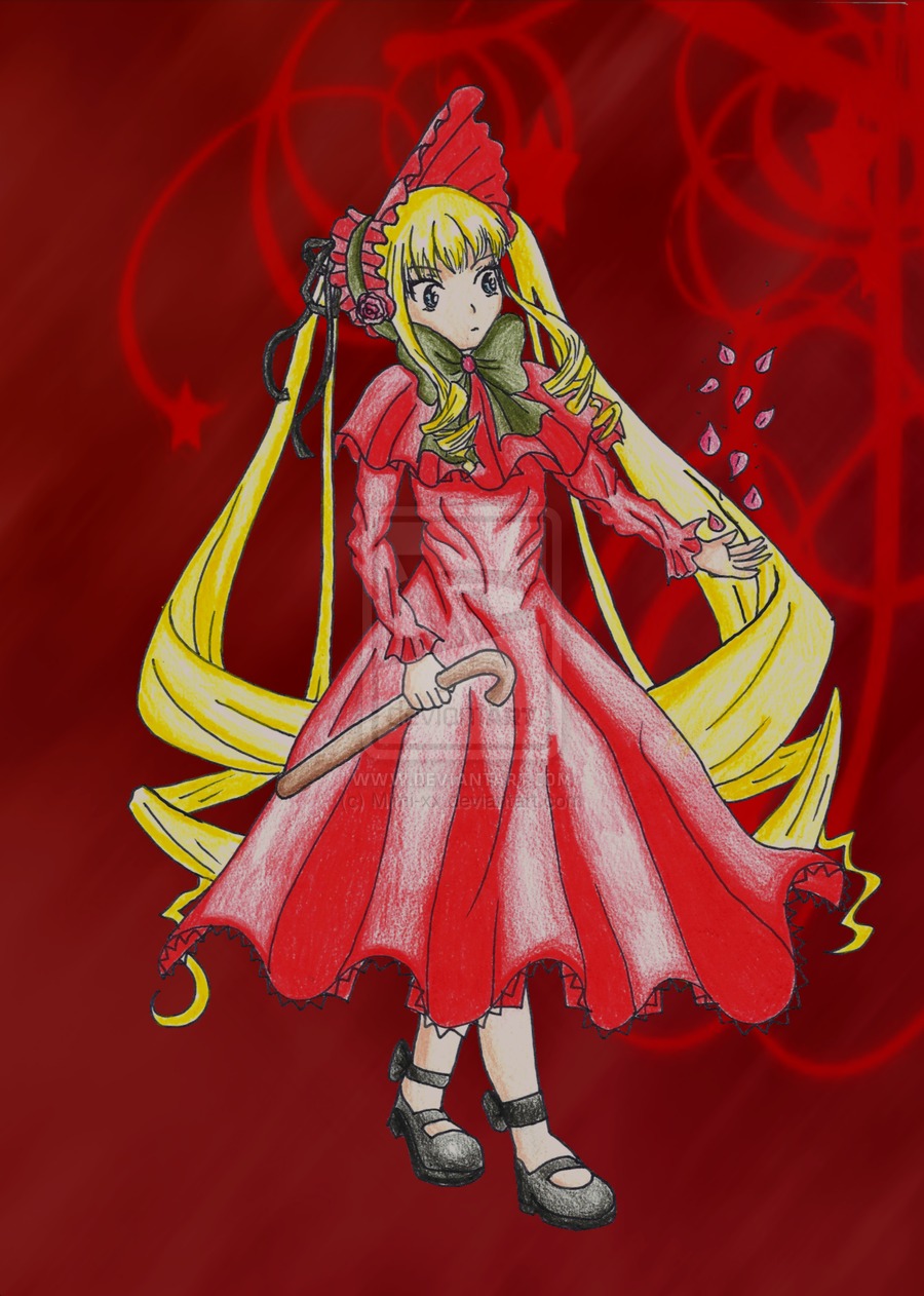 1girl blonde_hair bonnet bow bowtie dress drill_hair flower full_body image long_hair long_sleeves looking_at_viewer red_background red_dress rose shinku shoes simple_background solo standing twin_drills twintails very_long_hair