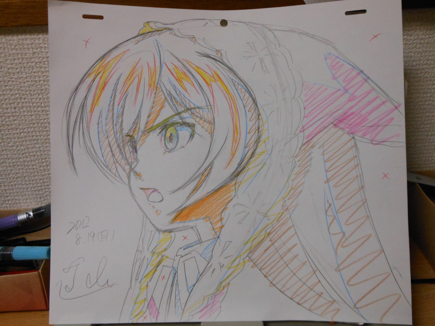 1girl color_trace hood image open_mouth photo short_hair solo suiseiseki traditional_media