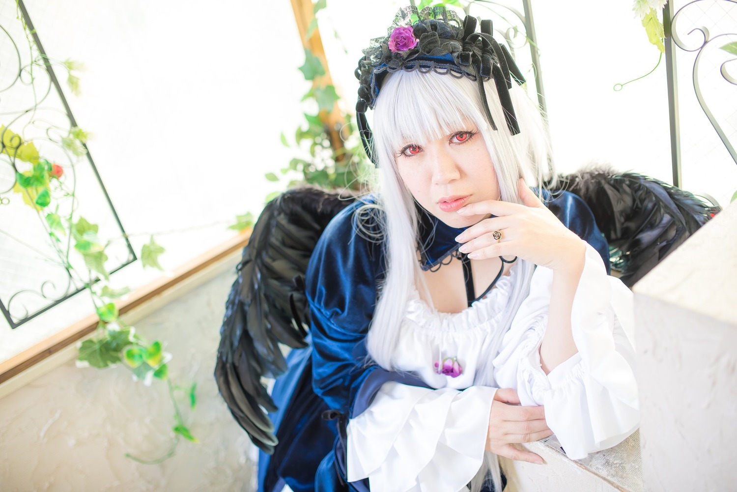 1girl bangs black_wings closed_mouth doll_joints dress feathered_wings feathers flower hairband jewelry lips long_hair long_sleeves looking_at_viewer nail_polish plant red_eyes rose solo suigintou upper_body wings