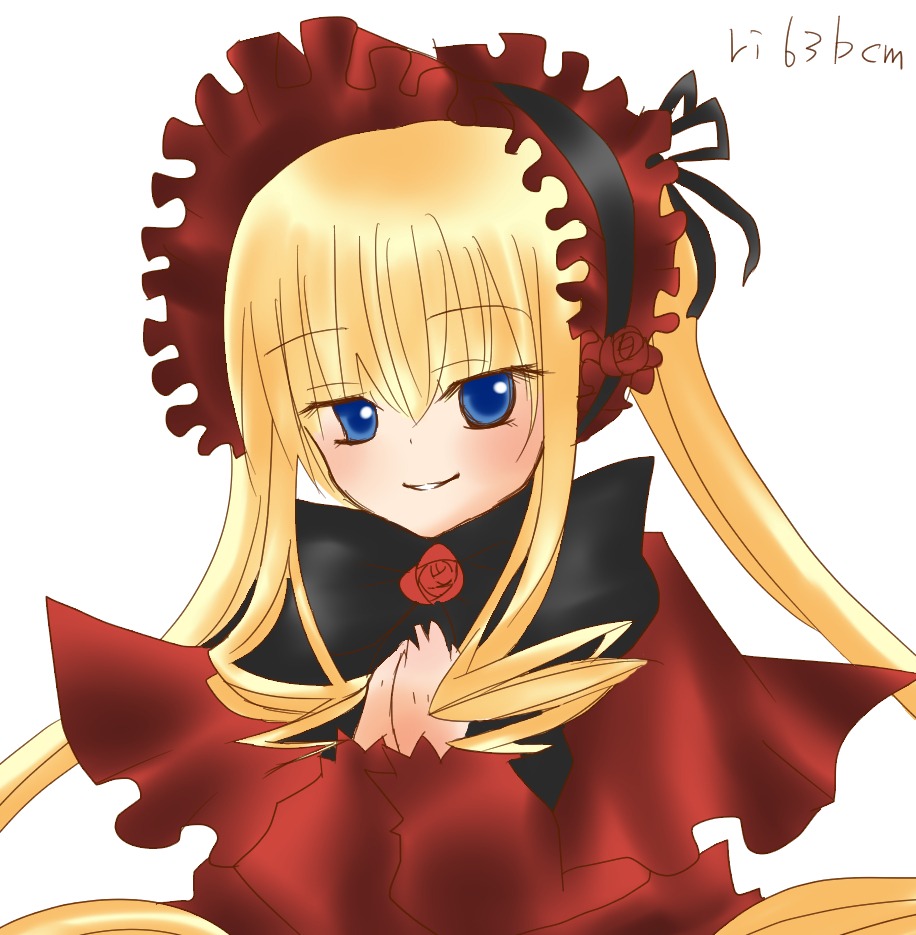 1girl blonde_hair blue_eyes blush bonnet bow bowtie dress image long_hair long_sleeves looking_at_viewer red_dress rose shinku sidelocks simple_background smile solo twintails white_background